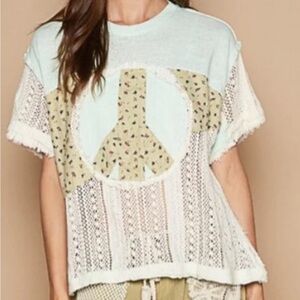 POL Peace Sign Patchwork Tee Peace Sign Lace Patchwork Top - Cream and Tan NWT